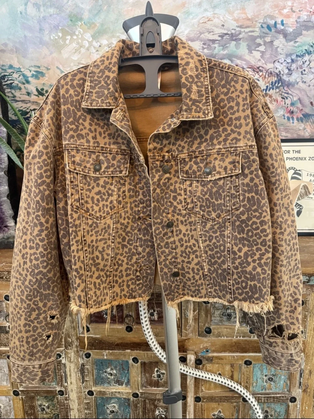Free PeoplešLeopard Distressed Denim Jacket Size S. - Picture 1 of 9